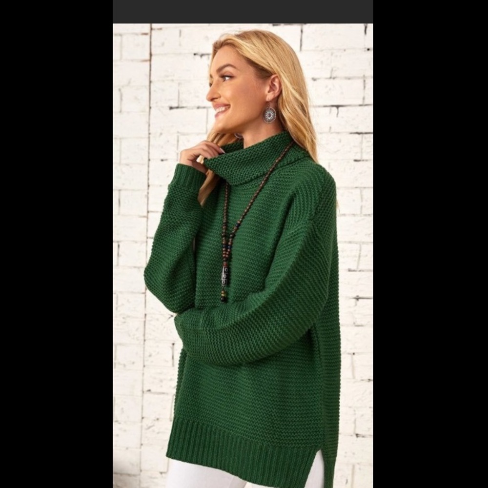Green cowl neck oversized tunic sweater with side slits